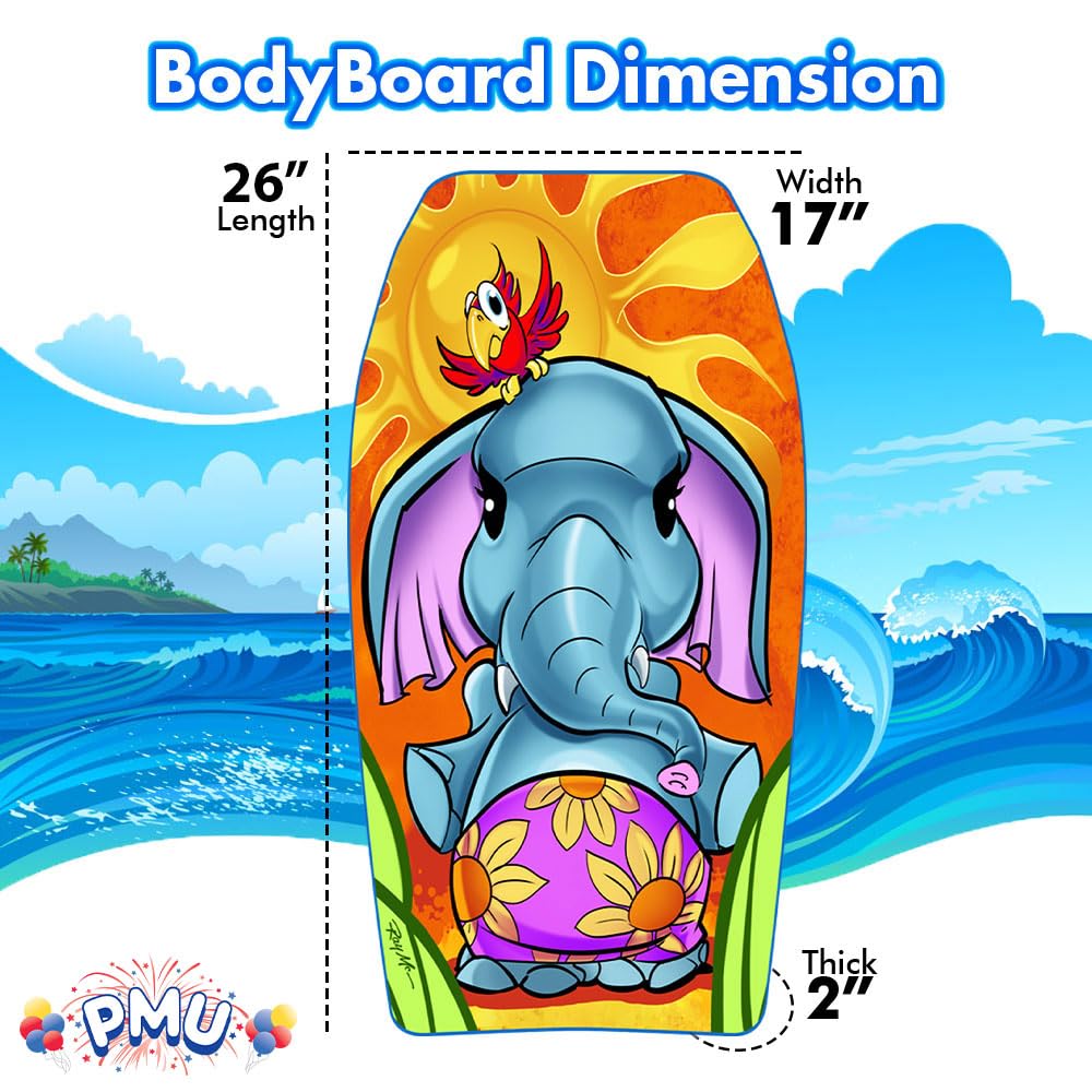 PMU 26 Inch Graphics Printed Bodyboard - Lightweight Wrist Leash Slick Bottom Boogie Board for Beach, Sea & Pool - Surfing Board for Kids, Teens & Adults Wave Conditions Pkg/1