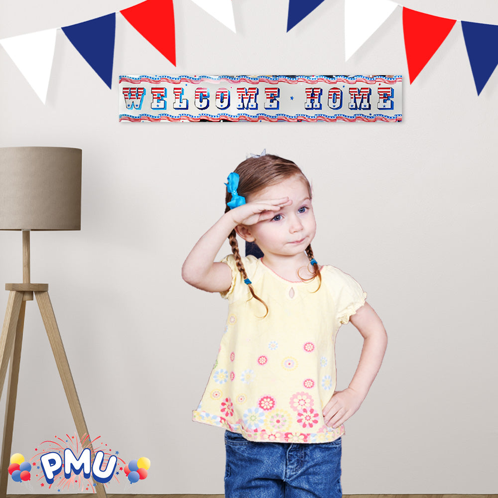 PMU Patriotic Welcome Home Banner Military Sign 3ft x 5in Red, White and Blue Stars and Stripes American Flag Foil Photo Prop Garland for Housewarming Army Deployment Returning Party Decoration (3/Pkg)