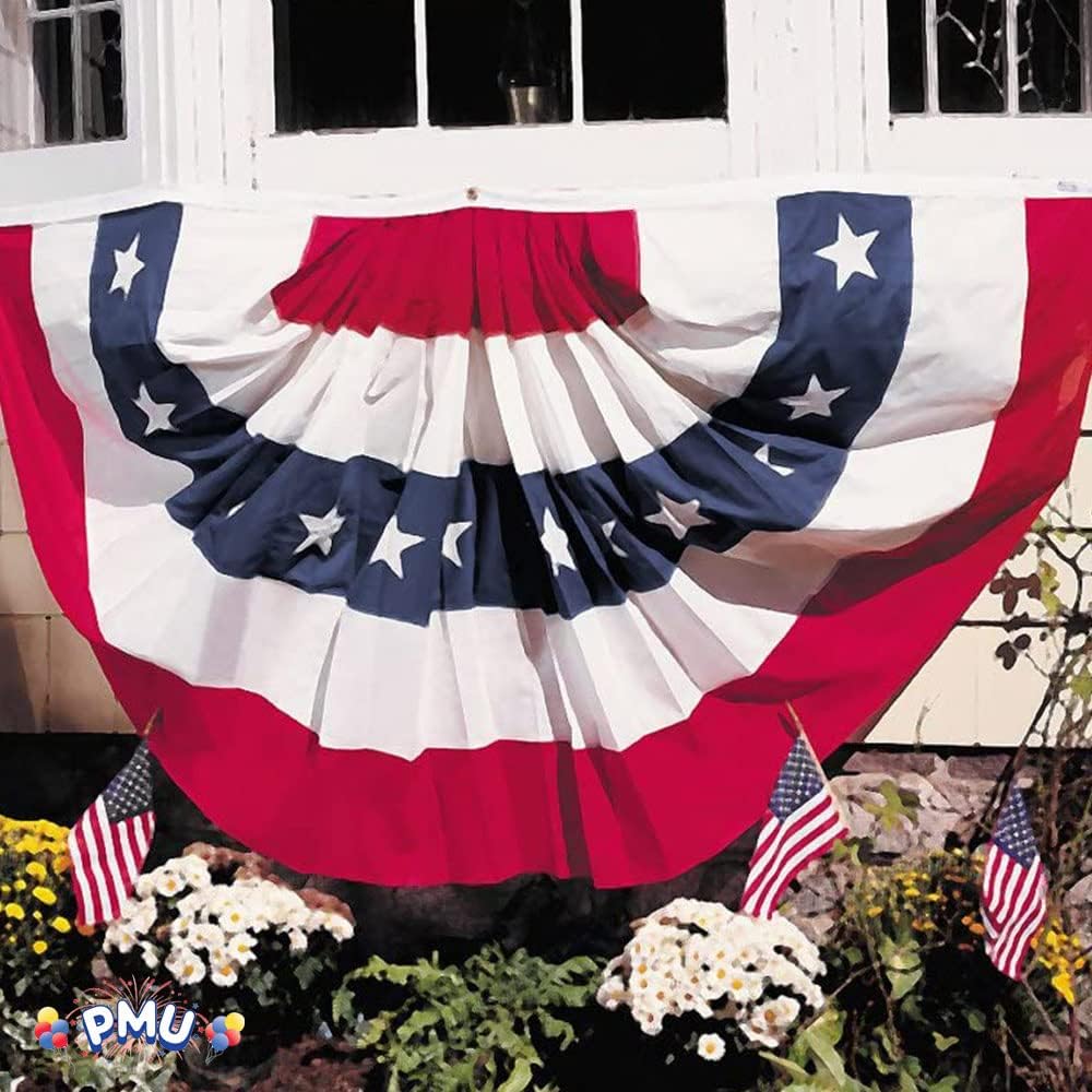 PMU Patriotic Bunting Pleated American Fan Flag 18 x 36 Inch USA Stars and Stripes Fade Resistant Nylon Half Fan Banner Easy to Hang Patriotic Decoration