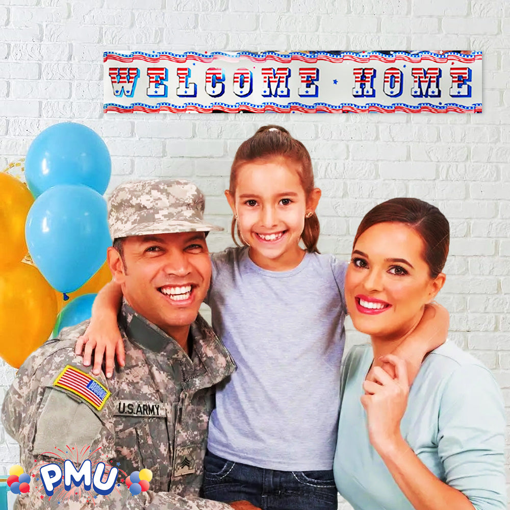 PMU Patriotic Welcome Home Banner Military Sign 3ft x 5in Red, White and Blue Stars and Stripes American Flag Foil Photo Prop Garland for Housewarming Army Deployment Returning Party Decoration (3/Pkg)