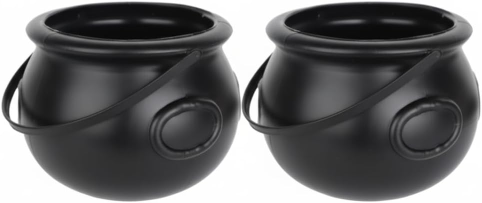 PMU 2pc-8" Halloween Cauldron Pot Kettle, Black Plastic Witch Cauldron Bowl, Candy Bucket for Trick or Treat, Indoor & Outdoor Decorations