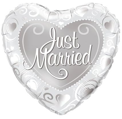 PMU Valentine’s Day Heart Shaped Just Married Pearl White and Silver 18 Inch Mylar-Foil Balloon (1/pkg) Pkg/1