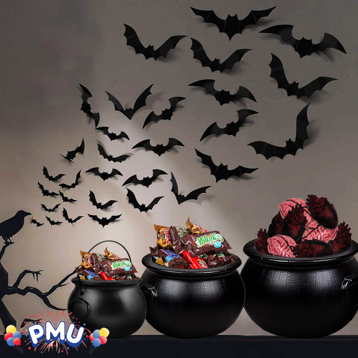 PMU Halloween Cauldron - Multi-Pack Assortment Plastic Candy Holder for Kids - Halloween Party Favors & Supplies - Black Set