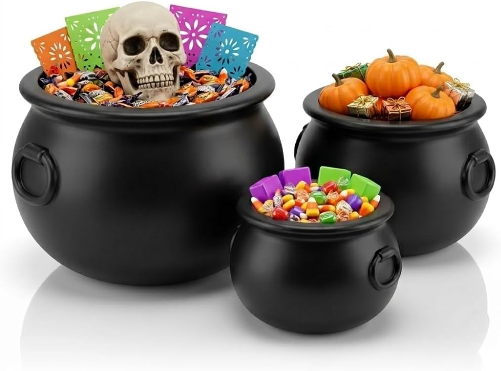 PMU Halloween Cauldron - 9pc Multi-Pack Black Assortment Plastic Candy Holder for Kids - Halloween Party Favors & Supplies - (3) 10" 60110, (3) 8" 55280-NHS, (3) 6" 30106-NH