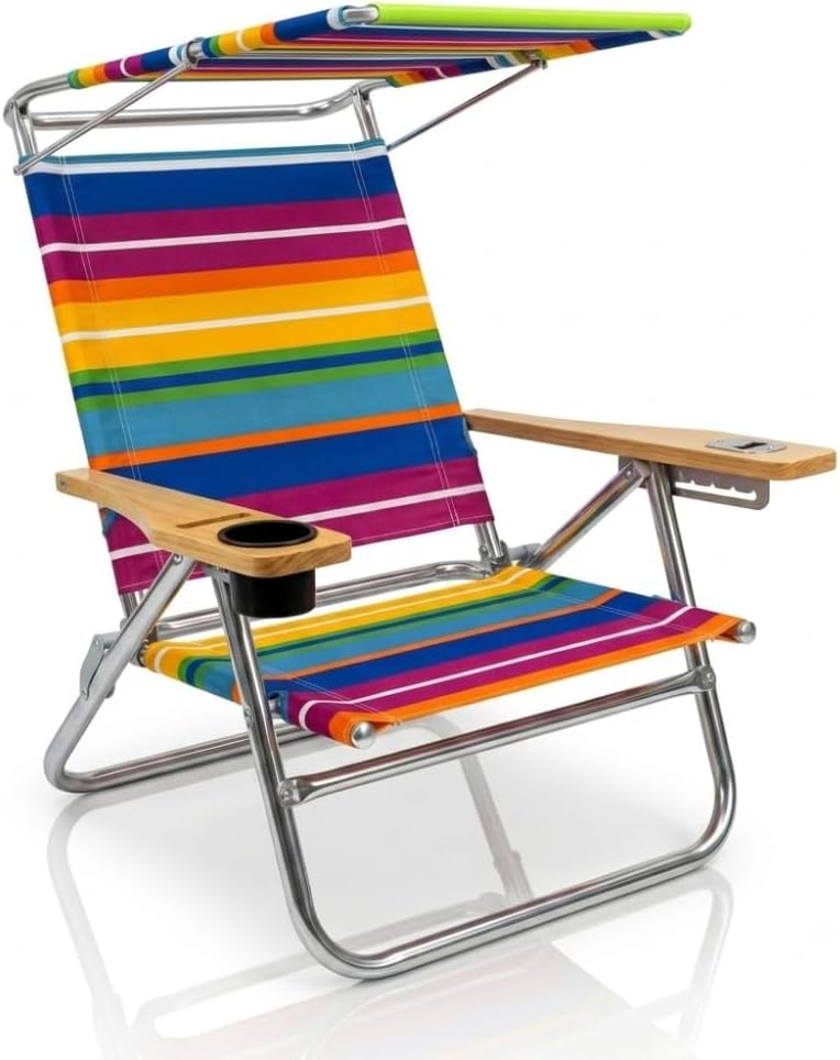 PMU 3 Position High Seat Beach Chair & Sand Chair, w/Canopy | 3-Position Recline, Aluminum Frame, Built-In Canopy, Portable for Beach & Outdoors