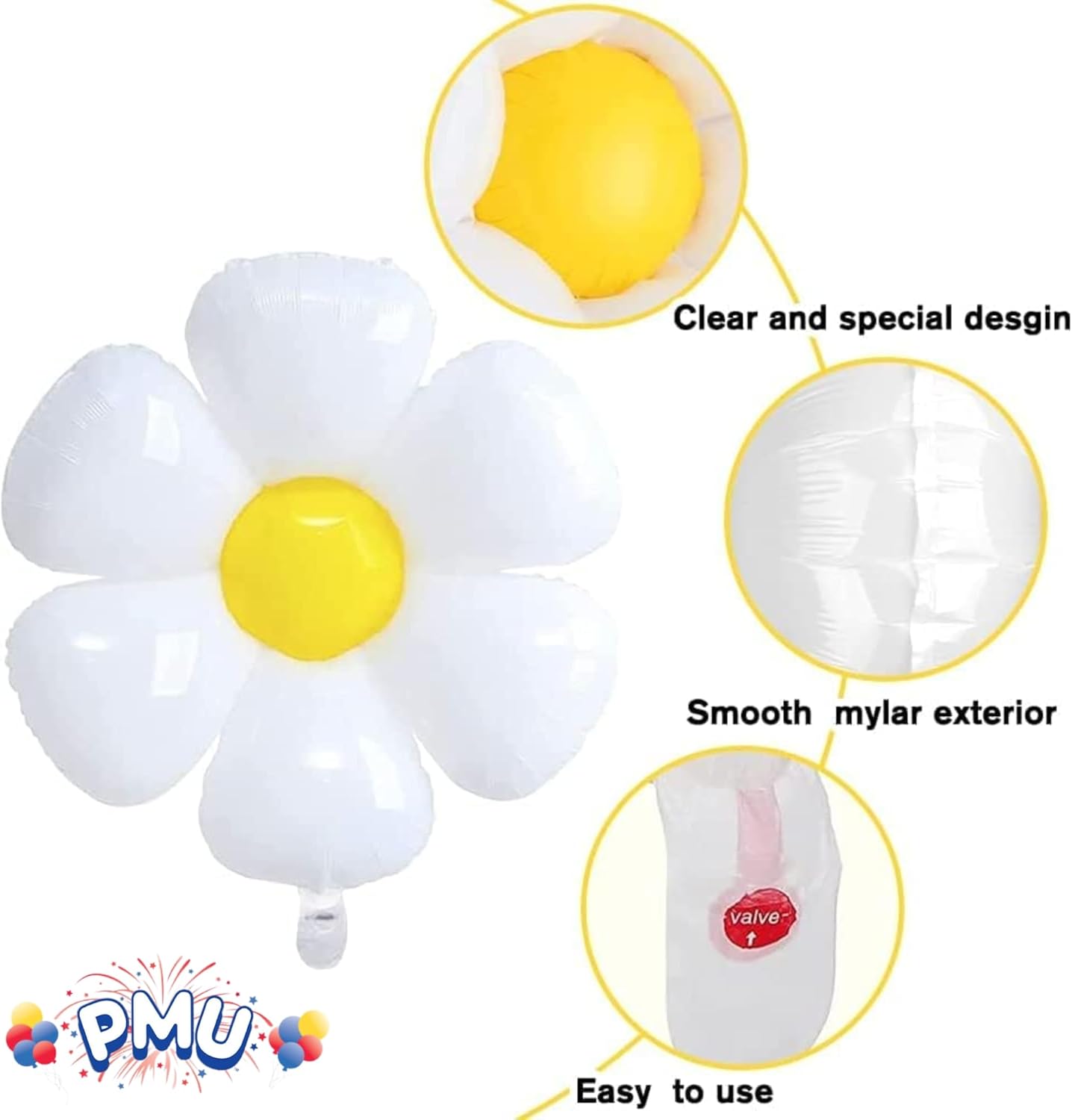 PMU Mylar White Daisy Flower Shaped Mylar Balloon - Party Decorations for Birthday Wedding Baby Shower Party Decorations Supplies