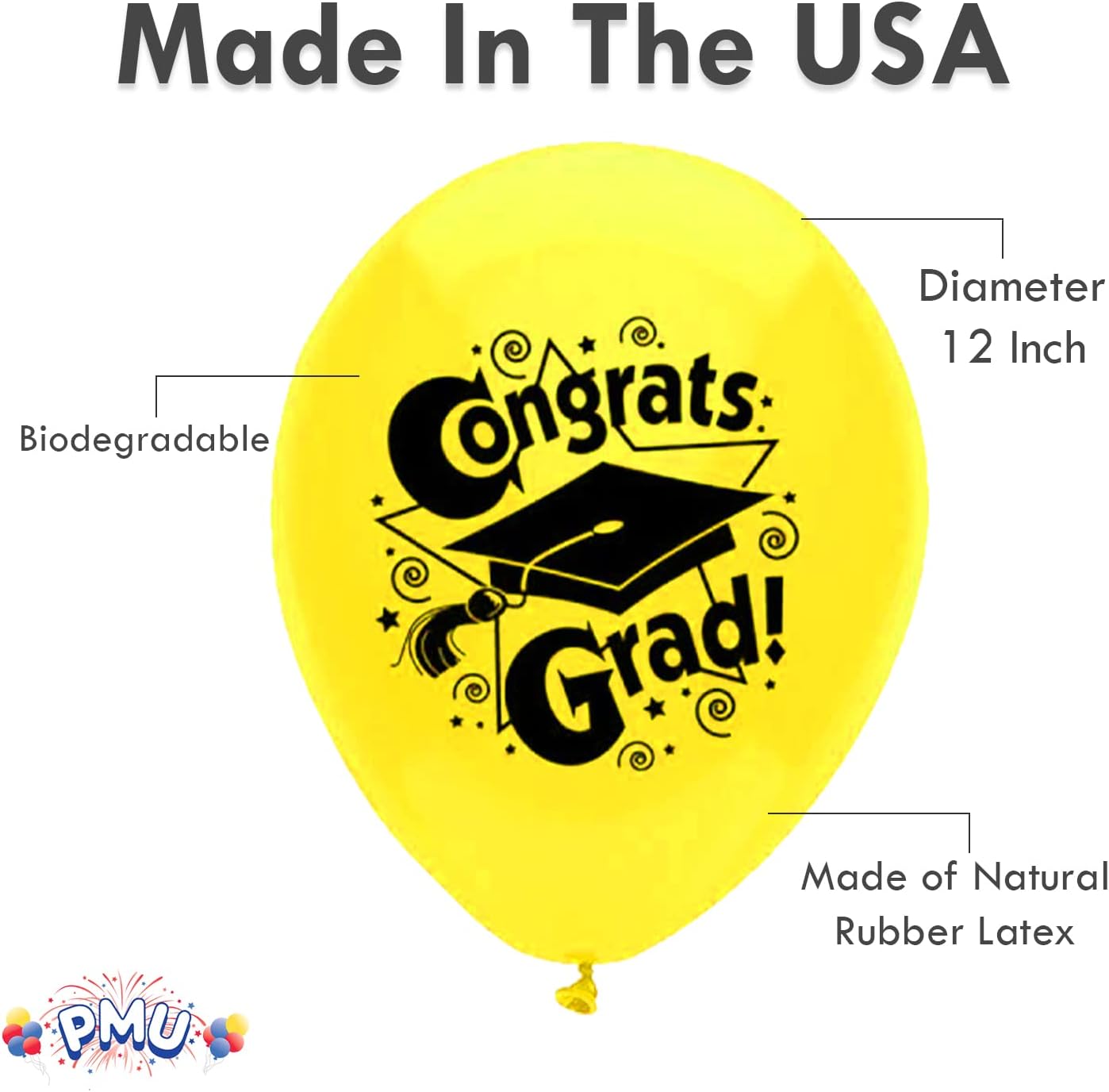 PMU Graduation Balloons | Premium Congrats Grad Balloon with All-Over Print Grad Caps-Confetti and Streamers | Graduation Party Supplies & Decorations | Latex Balloons