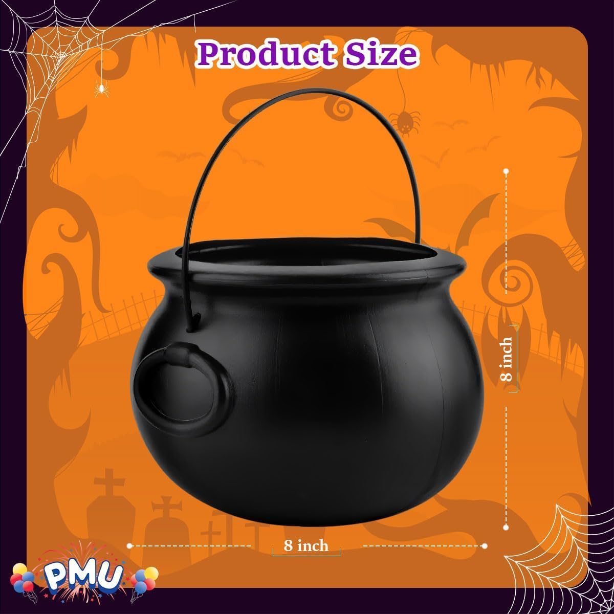 PMU 2pc-8" Halloween Cauldron Pot Kettle, Black Plastic Witch Cauldron Bowl, Candy Bucket for Trick or Treat, Indoor & Outdoor Decorations