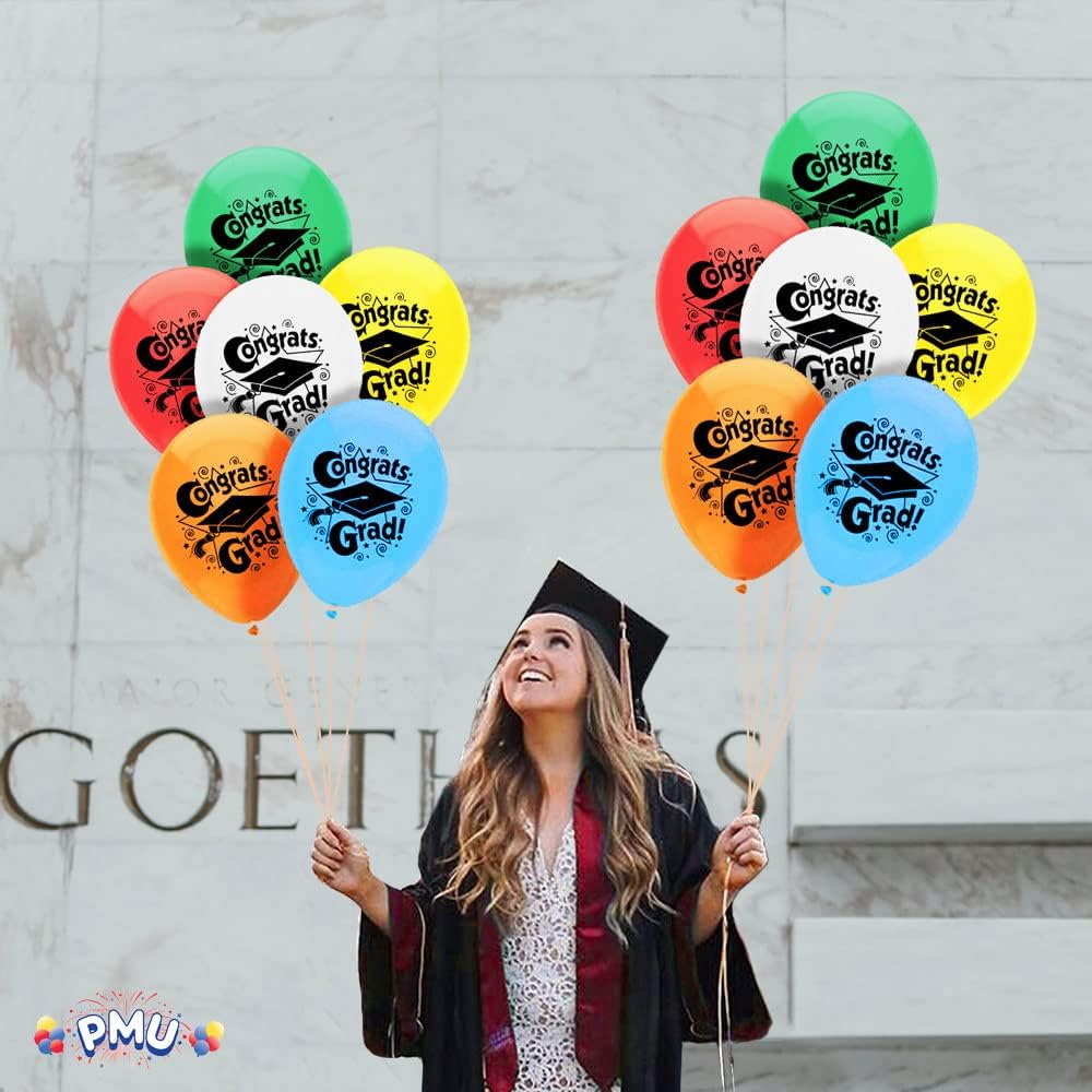 PMU Graduation Balloons | Premium Congrats Grad Balloon with All-Over Print Grad Caps-Confetti and Streamers | Graduation Party Supplies & Decorations | Latex Balloons