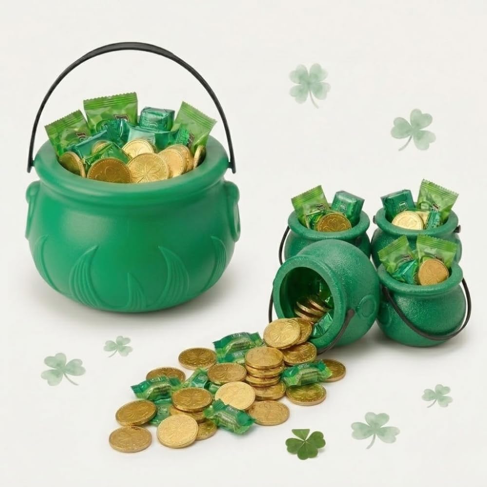 PMU St. Patrick's Day 5pcs Cauldron Set – Blow Mold Plastic Candy Holder Party Accessory