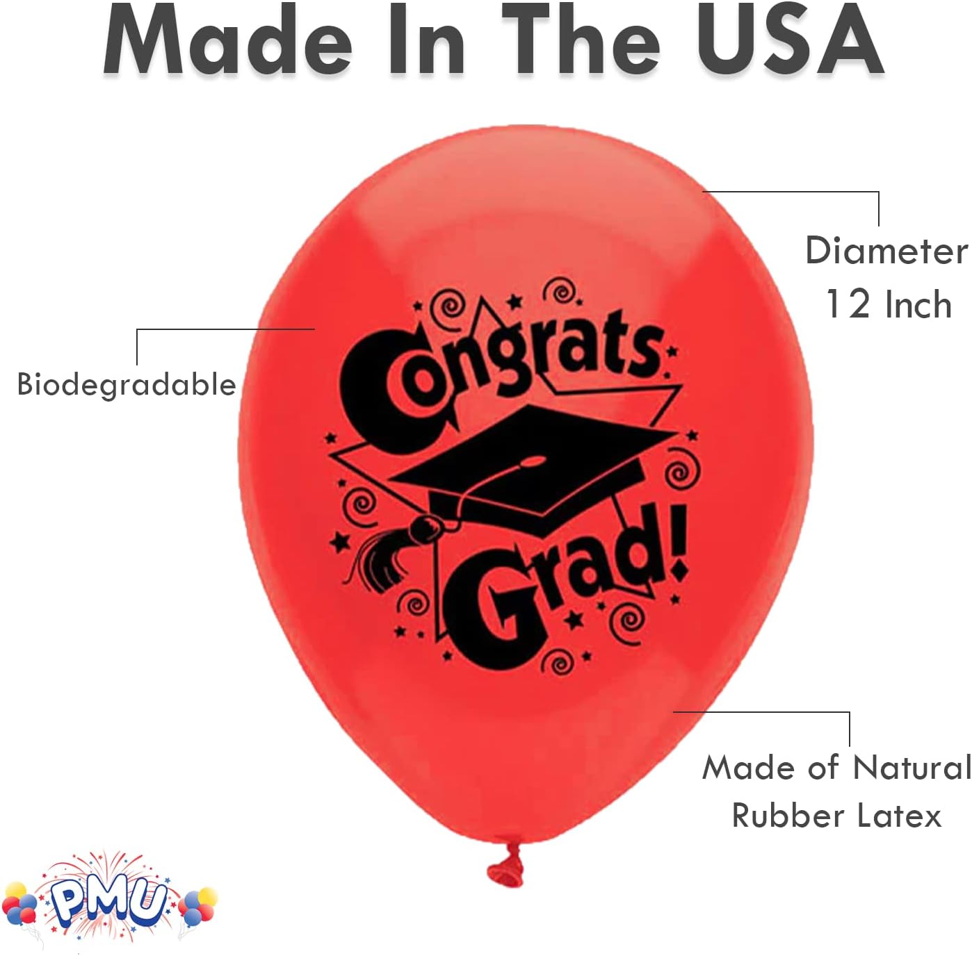 PMU Graduation Balloons | Premium Congrats Grad Balloon with All-Over Print Grad Caps-Confetti and Streamers | Graduation Party Supplies & Decorations | Latex Balloons