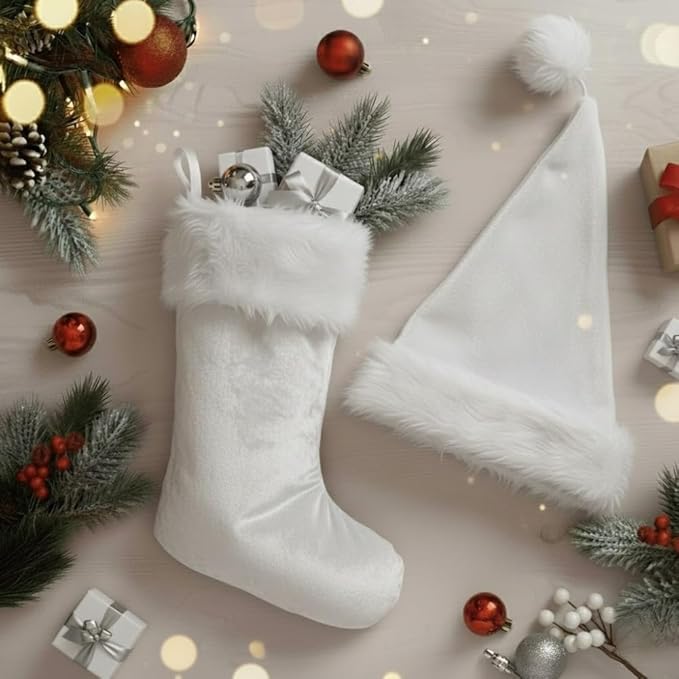 PMU Christmas Velvet Santa Hat & Stocking Set, 2-Piece Soft Plush Santa Hat and Holiday Stocking for Xmas Decor & Gifts