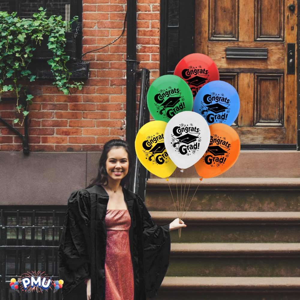 PMU Graduation Balloons | Premium Congrats Grad Balloon with All-Over Print Grad Caps-Confetti and Streamers | Graduation Party Supplies & Decorations | Latex Balloons