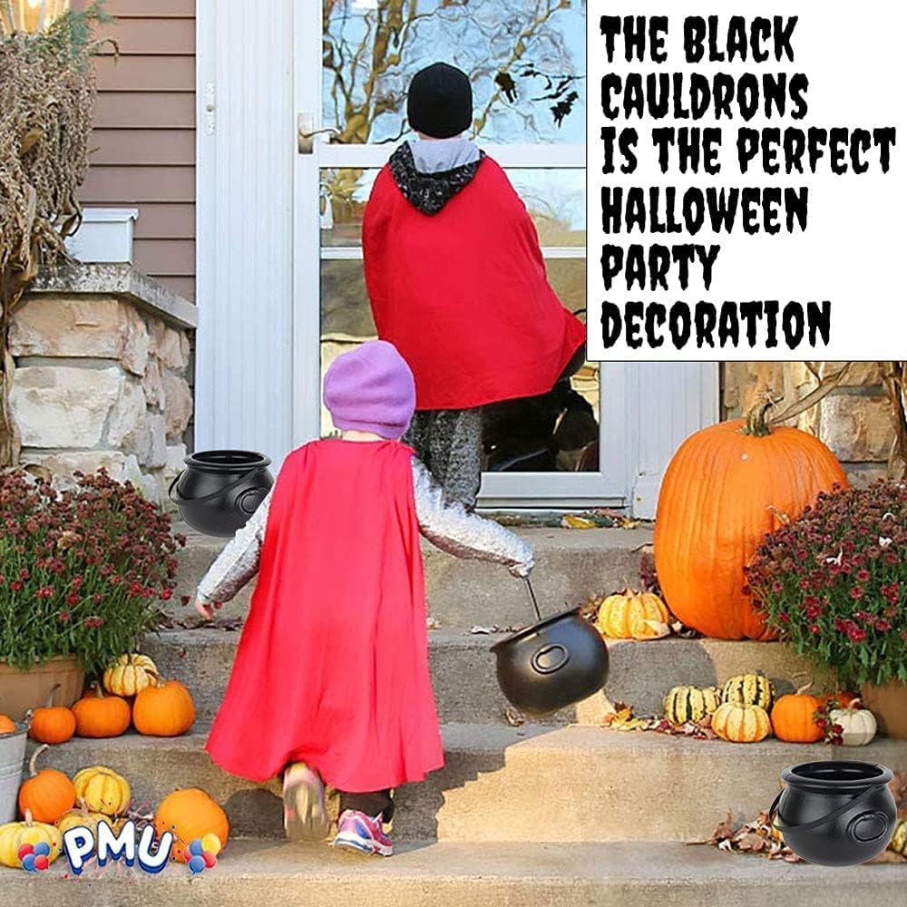 PMU 2pc-8" Halloween Cauldron Pot Kettle, Black Plastic Witch Cauldron Bowl, Candy Bucket for Trick or Treat, Indoor & Outdoor Decorations