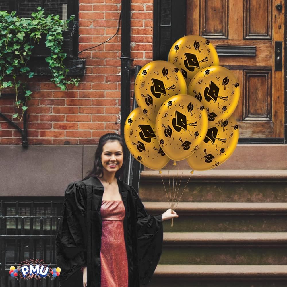 PMU Graduation Balloons | Premium Congrats Grad Balloon with All-Over Print Grad Caps-Confetti and Streamers | Graduation Party Supplies & Decorations | Latex Balloons