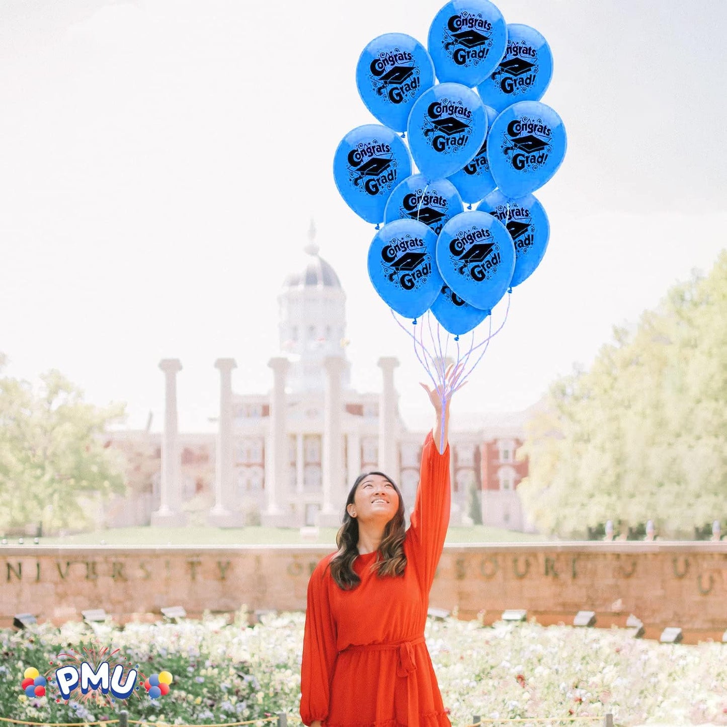 PMU Graduation Balloons | Premium Congrats Grad Balloon with All-Over Print Grad Caps-Confetti and Streamers | Graduation Party Supplies & Decorations | Latex Balloons
