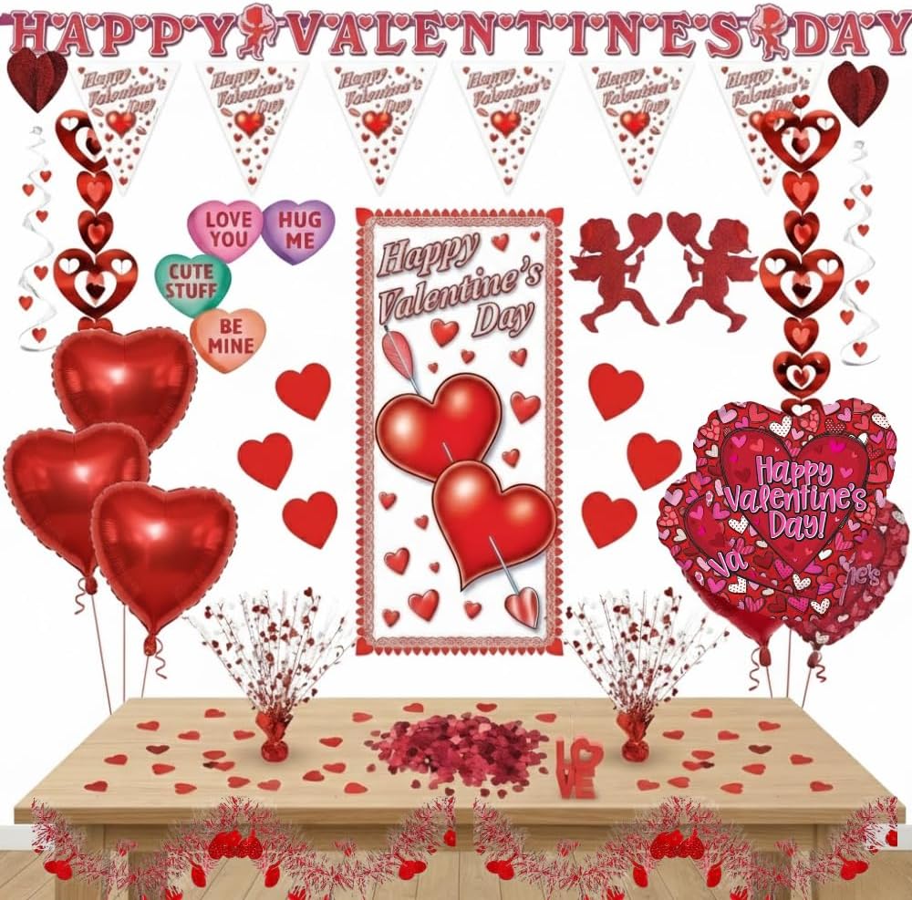 PMU Valentine’s Day Party Decorations Kit Love Decoration Centerpiece, Fringe Banner, Door Cover, Hearts & Cupid Clings, Cutouts For Valentines Room Décor