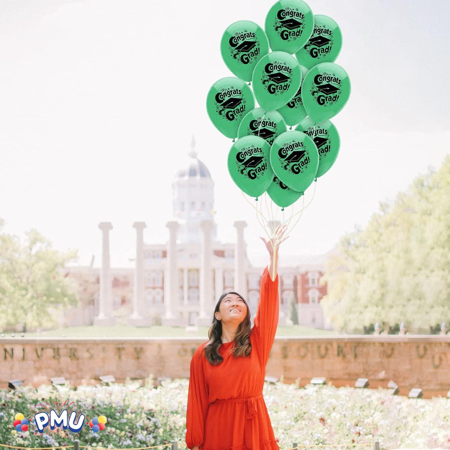 PMU Graduation Balloons | Premium Congrats Grad Balloon with All-Over Print Grad Caps-Confetti and Streamers | Graduation Party Supplies & Decorations | Latex Balloons
