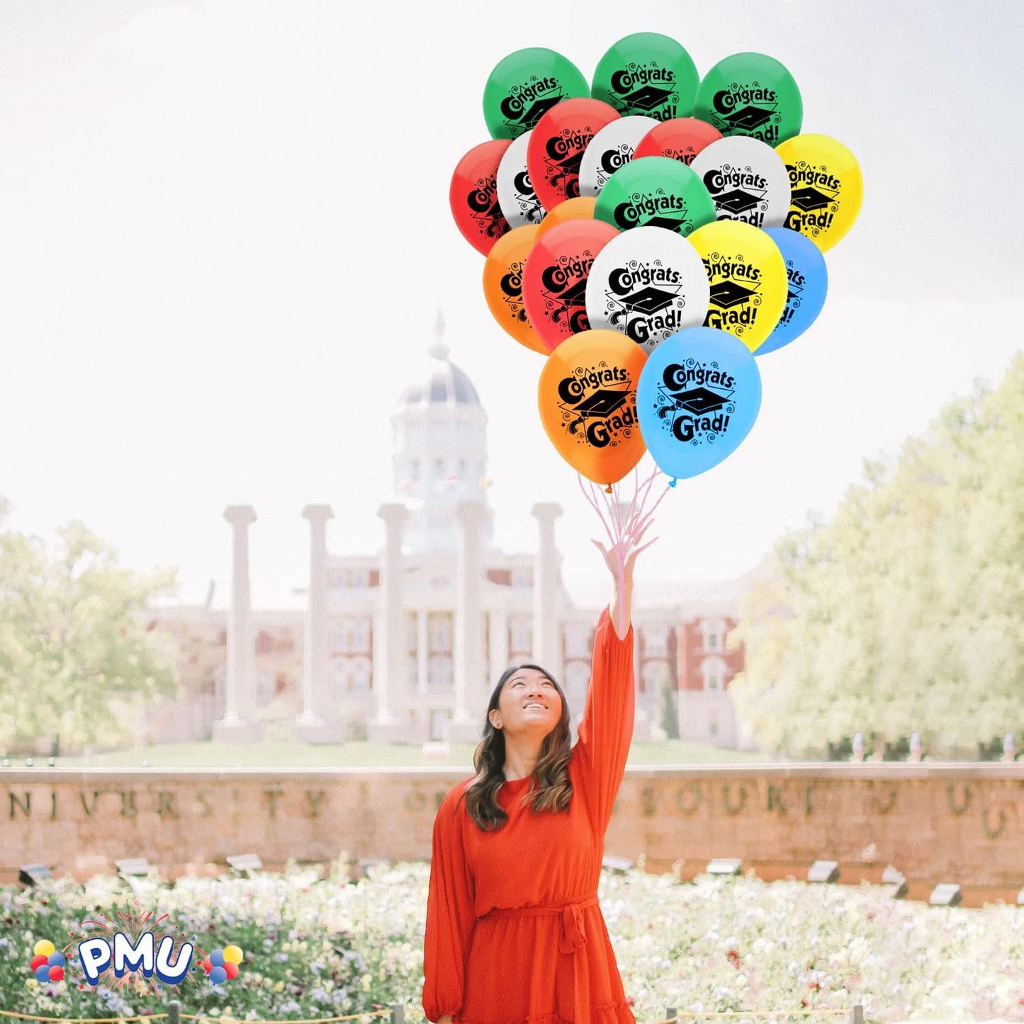 PMU Graduation Balloons | Premium Congrats Grad Balloon with All-Over Print Grad Caps-Confetti and Streamers | Graduation Party Supplies & Decorations | Latex Balloons