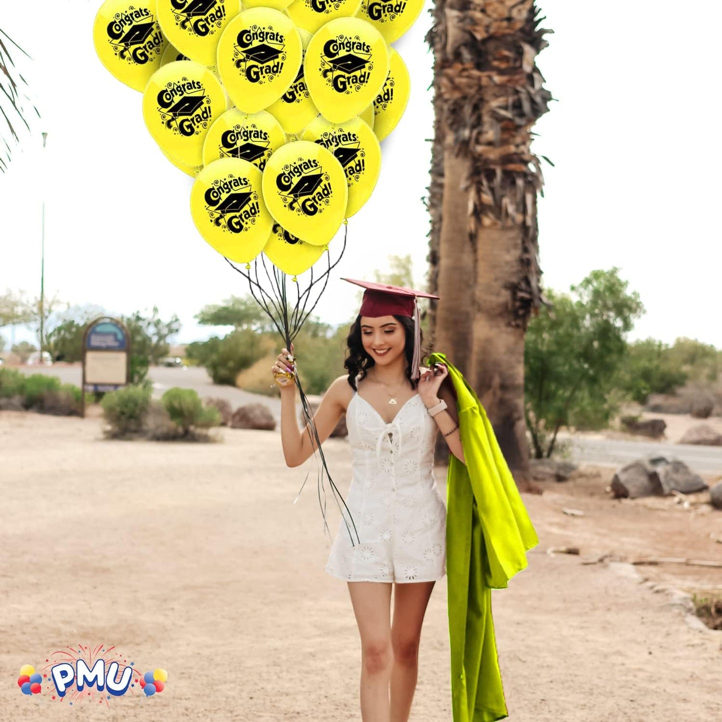 PMU Graduation Balloons | Premium Congrats Grad Balloon with All-Over Print Grad Caps-Confetti and Streamers | Graduation Party Supplies & Decorations | Latex Balloons