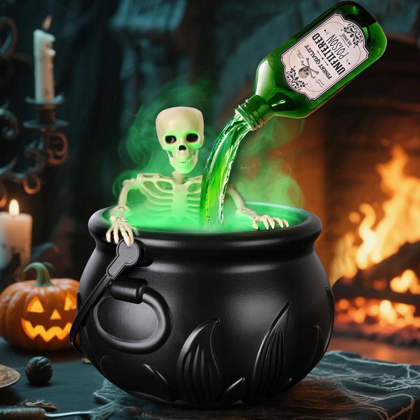 PMU Halloween Cauldron with Floating Bottle and Diffuser Black Plastic Witches Bowl Hocus Pocus Party Decoration for Spooky Fun, DIY Floating Potion Set Complete Halloween Decor Kit