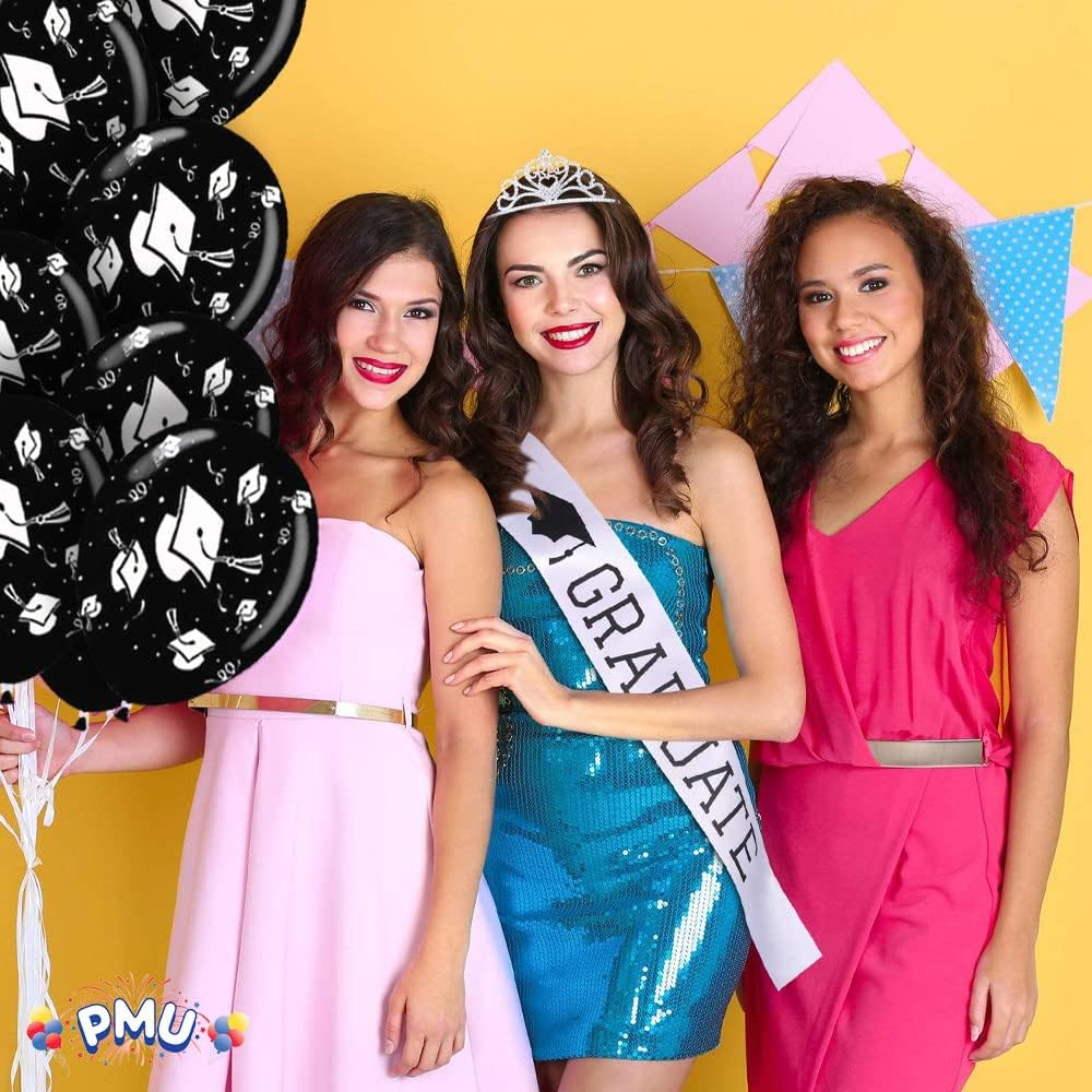 PMU Graduation Balloons | Premium Congrats Grad Balloon with All-Over Print Grad Caps-Confetti and Streamers | Graduation Party Supplies & Decorations | Latex Balloons