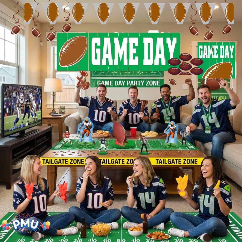 PMU 35 Pcs Football Party Decorations Kit Flags, Centerpieces, Banners, Table Runner, Door Cover, Garland & Tailgate Tape for Super Game Bowl Party