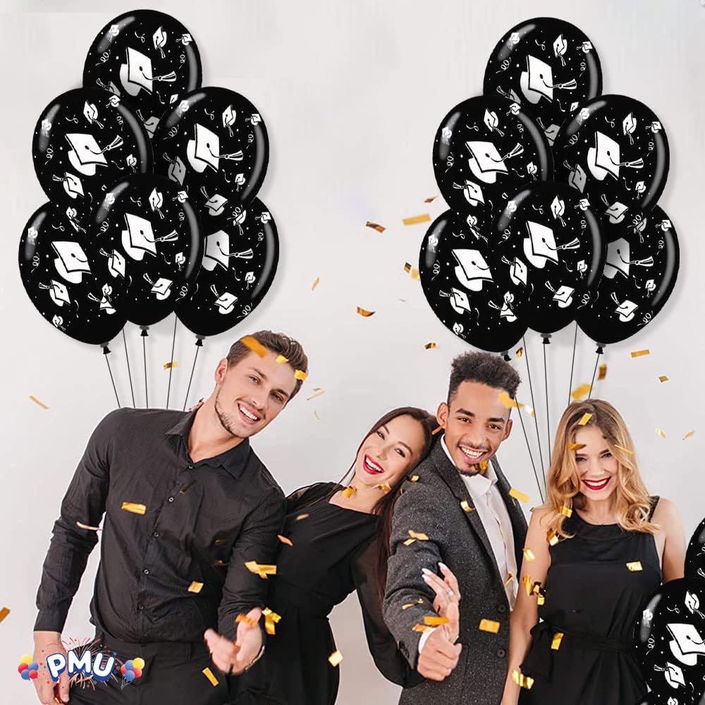 PMU Graduation Balloons | Premium Congrats Grad Balloon with All-Over Print Grad Caps-Confetti and Streamers | Graduation Party Supplies & Decorations | Latex Balloons