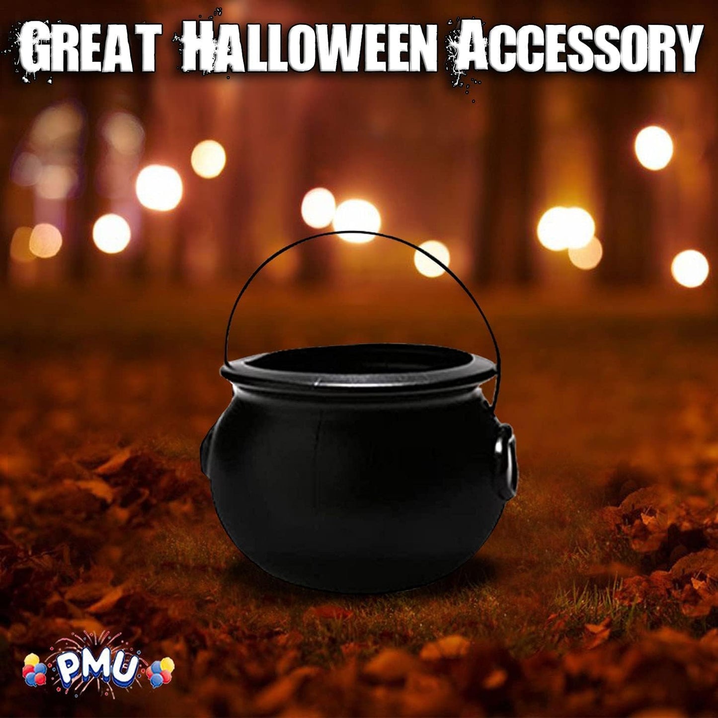 PMU 2pc-8" Halloween Cauldron Pot Kettle, Black Plastic Witch Cauldron Bowl, Candy Bucket for Trick or Treat, Indoor & Outdoor Decorations