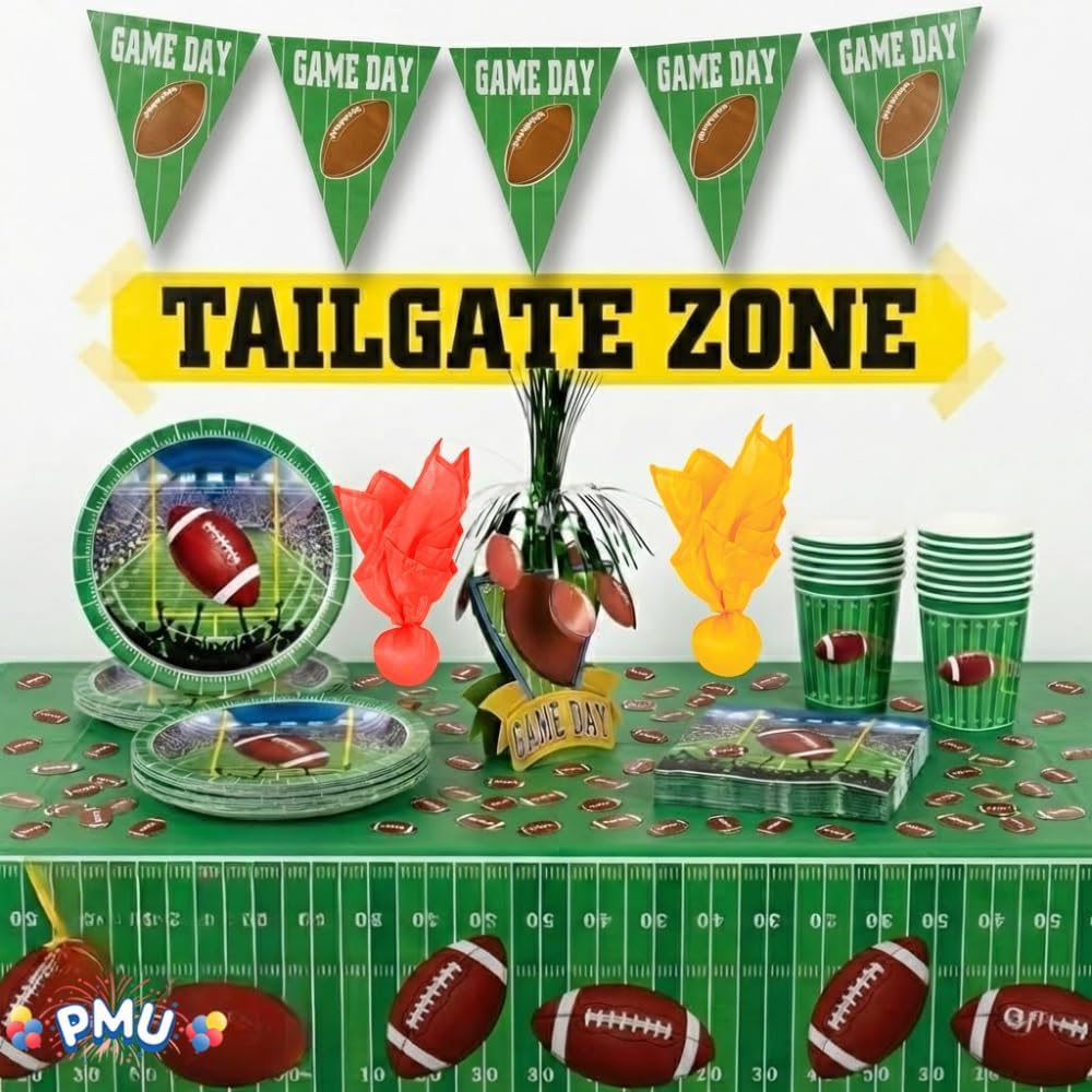 PMU 39 Pcs Football Party Decorations Kit with Plates, Napkins, Cups, Football Centerpiece, Penalty Flag, Banner, Tailgate Zone Tape, Confetti & Tablecloths for Super Game Bowl Party Decoration