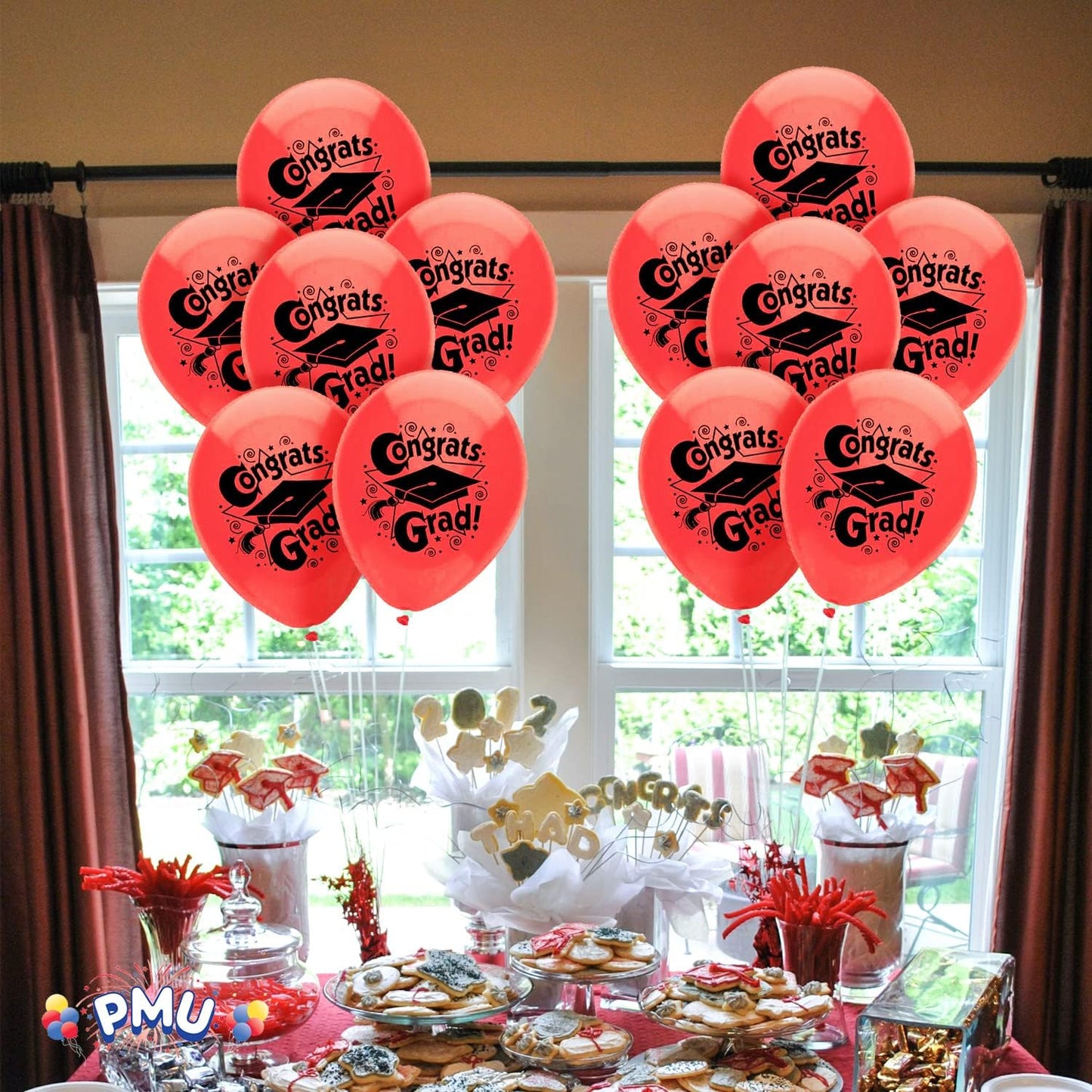 PMU Graduation Balloons | Premium Congrats Grad Balloon with All-Over Print Grad Caps-Confetti and Streamers | Graduation Party Supplies & Decorations | Latex Balloons