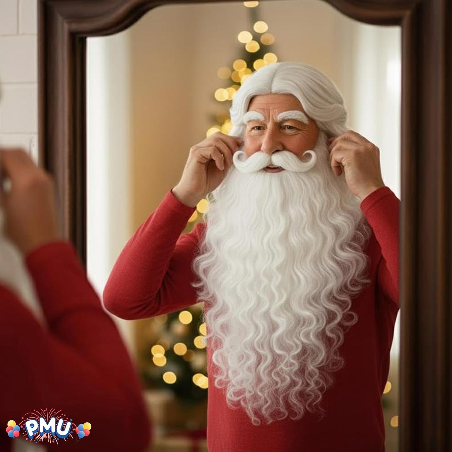 PMU Santa Wig Beard Sets Mens - Christmas Costume Accessories - Wig & Beard for Christmas Costumes, Plays, Festivals, Photo Shoots, Professional Quality- Props & Party Supplies - White Pkg/1