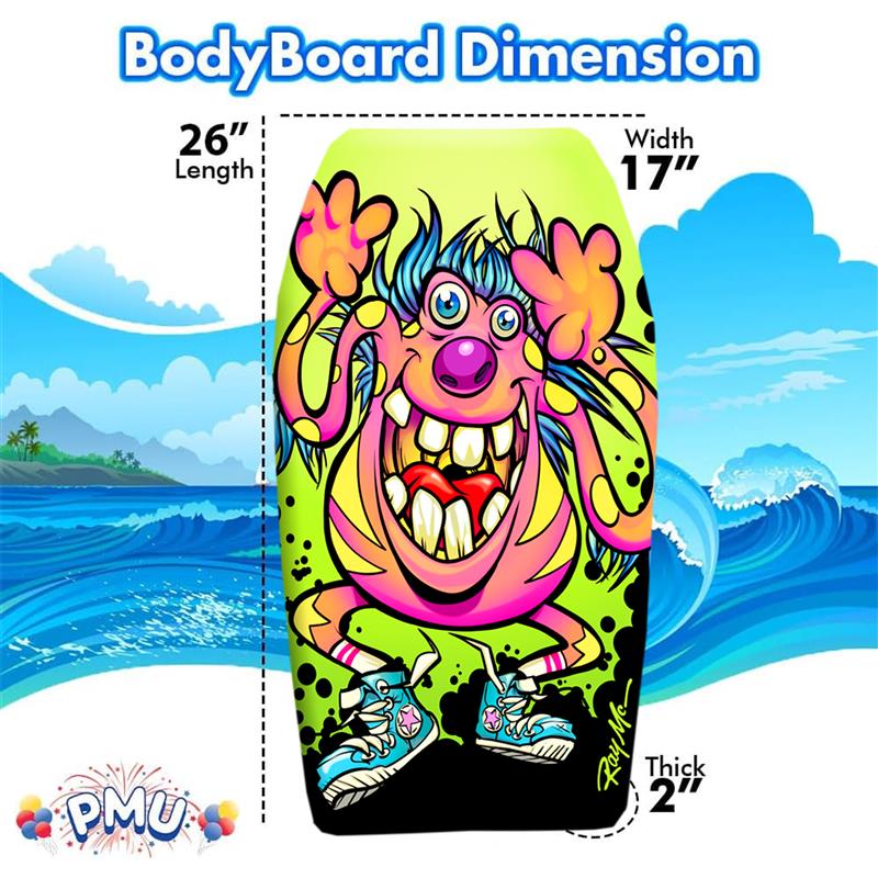 PMU 26 Inch Graphics Printed Bodyboard - Lightweight Wrist Leash Slick Bottom Boogie Board for Beach, Sea & Pool - Surfing Board for Kids, Teens & Adults Wave Conditions Pkg/1