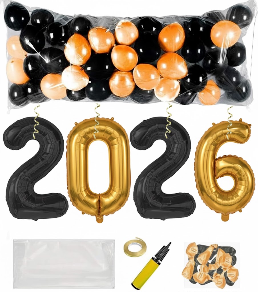 PMU New Year's Eve Party Balloon Drop Kit (100pcs Assorted 9in and 5in Balloons with Hand Pump) 4pcs "2026" 40in Gold Mylar Balloons 1 Set Assortment