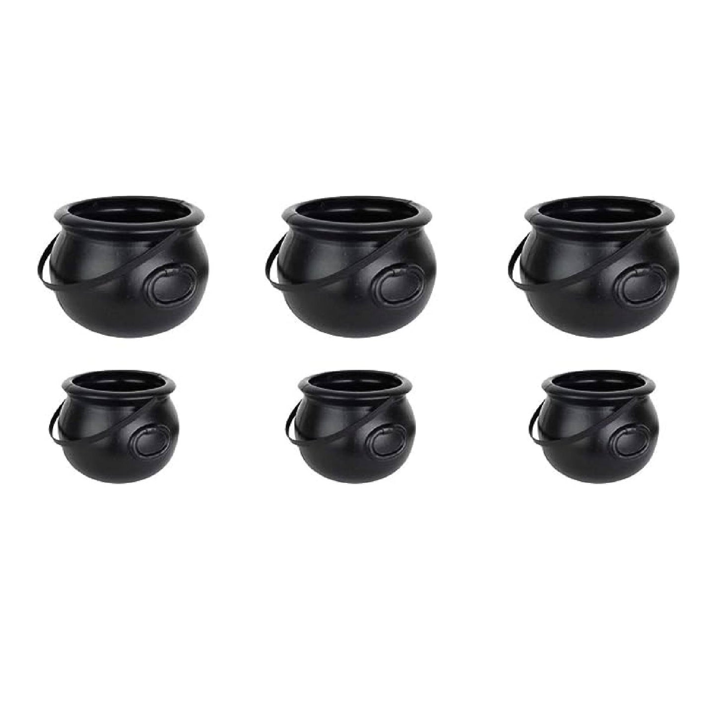 PMU Halloween Cauldron - Multi-Pack Assortment Plastic Candy Holder for Kids - Halloween Party Favors & Supplies - Black Set - (1) 8" 55280, (1) 6" 30106