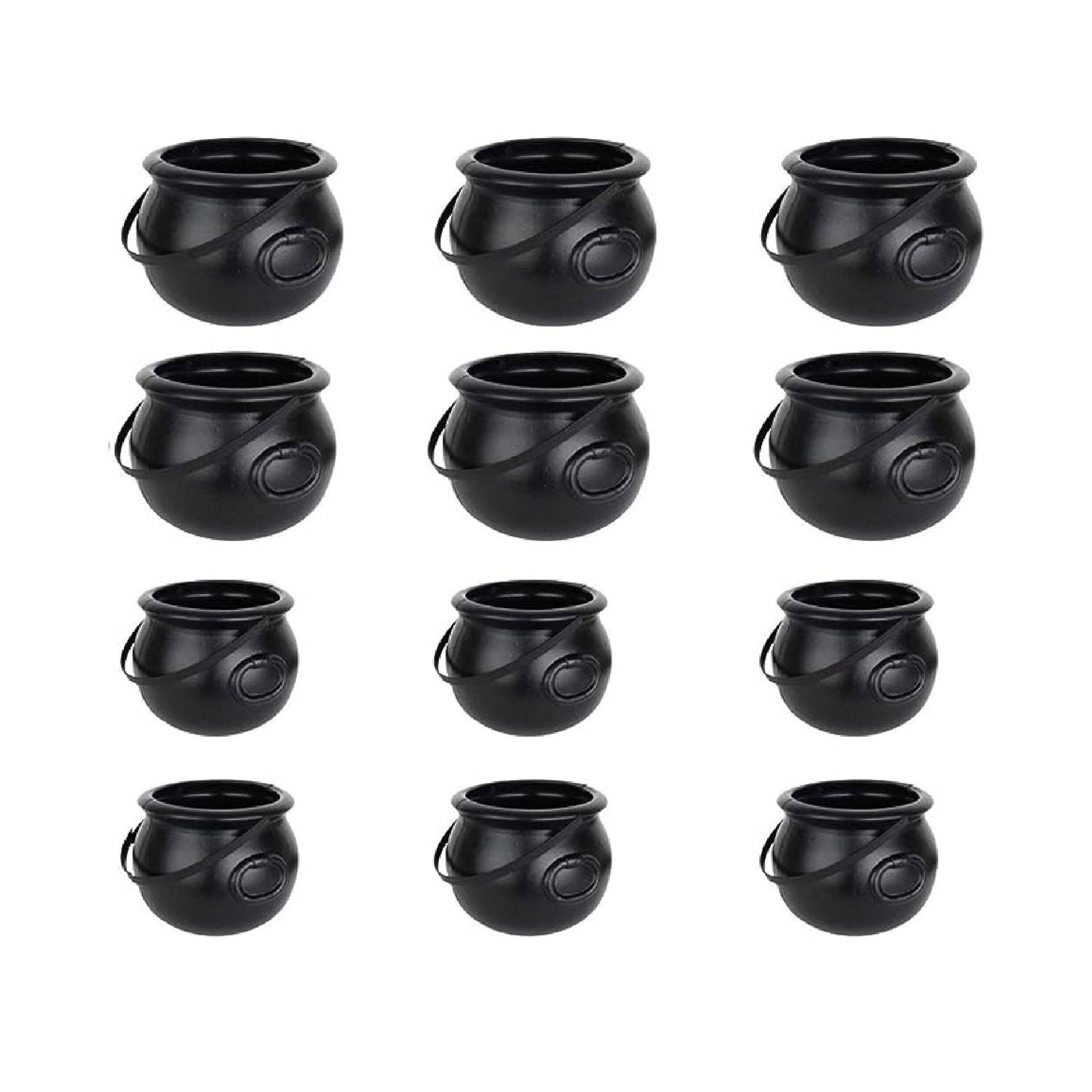 PMU Halloween Cauldron - Multi-Pack Assortment Plastic Candy Holder for Kids - Halloween Party Favors & Supplies - Black Set - (1) 8" 55280, (1) 6" 30106