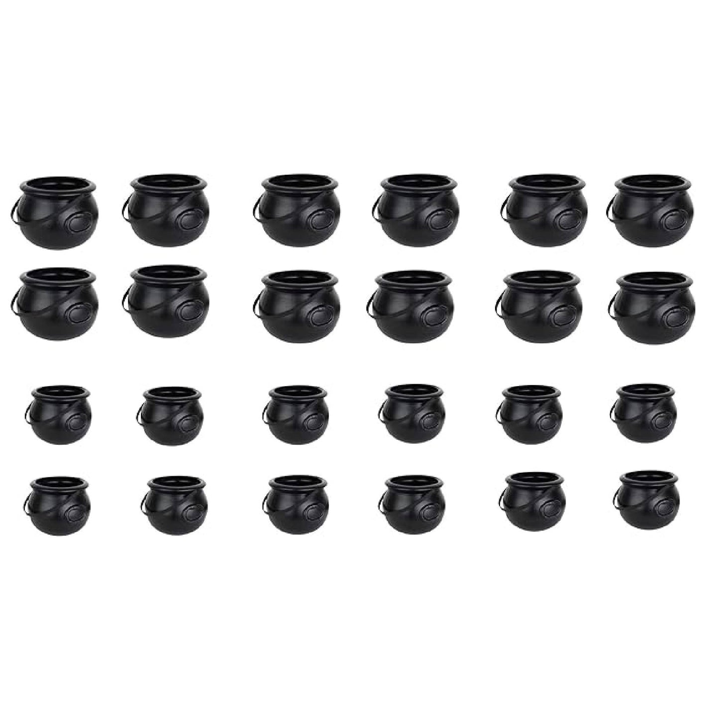 PMU Halloween Cauldron - Multi-Pack Assortment Plastic Candy Holder for Kids - Halloween Party Favors & Supplies - Black Set - (1) 8" 55280, (1) 6" 30106