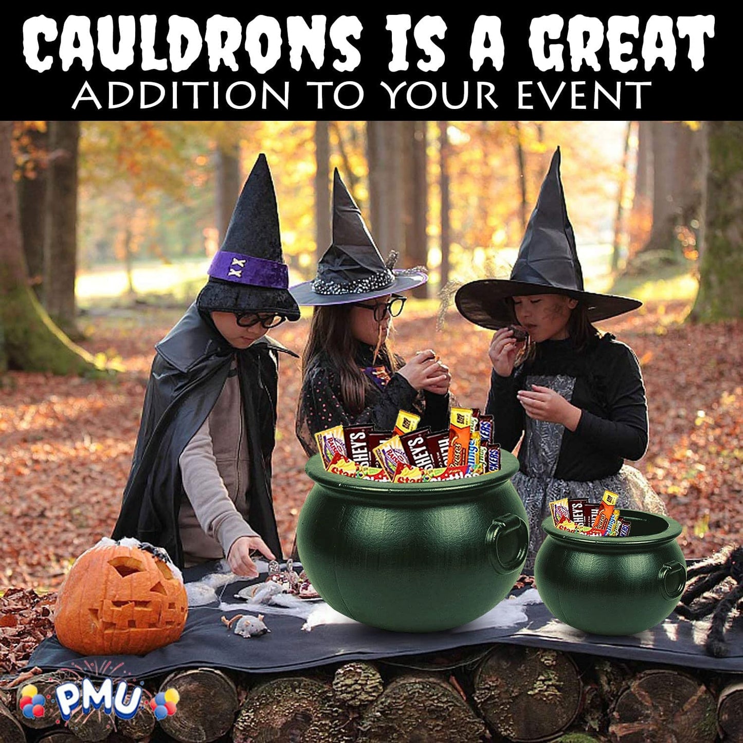 PMU Halloween Cauldron - Cauldron Plastic Pot & Bucket - Halloween Party Favors & Supplies - Perfect Kitchen & Home Décor - Candy Holder for Kids, 16 &12 (inches) Witches Green