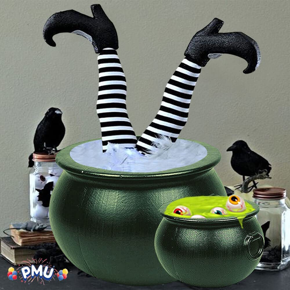 PMU Halloween Cauldron - Cauldron Plastic Pot & Bucket - Halloween Party Favors & Supplies - Perfect Kitchen & Home Décor - Candy Holder for Kids, 16 &12 (inches) Witches Green