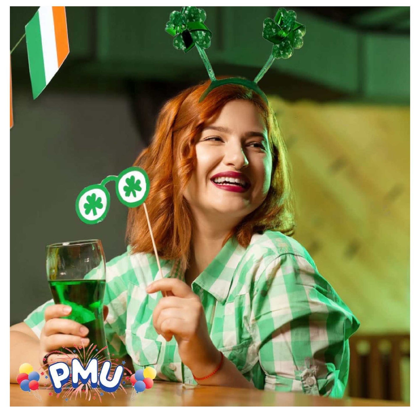 PMU Saint Patrick's Day Green Pinwheel Boppers with Shamrock Costume Headband