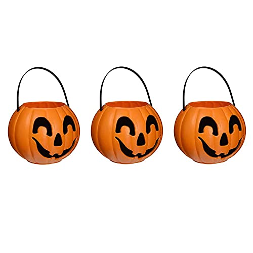 PMU Halloween Trick or Treat Jack-O-Lantern Carry Jack - Halloween Pumpkin Decorations - Candy Gift Basket for Kids - Pumpkin Bucket with Handles - 9 Inch w/Handle - Orange