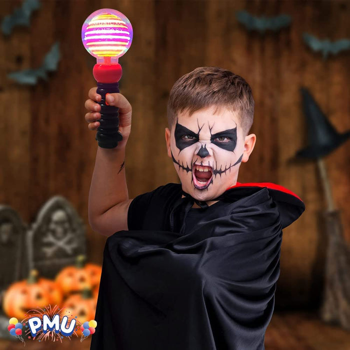 PMU Halloween Light-Up Musical Spinning Pumpkin Wand - LED Illuminated Prop for Kids Trick-or-Treating - Fun Gift for Birthday Party Favor & Classroom Prizes, 9 inch