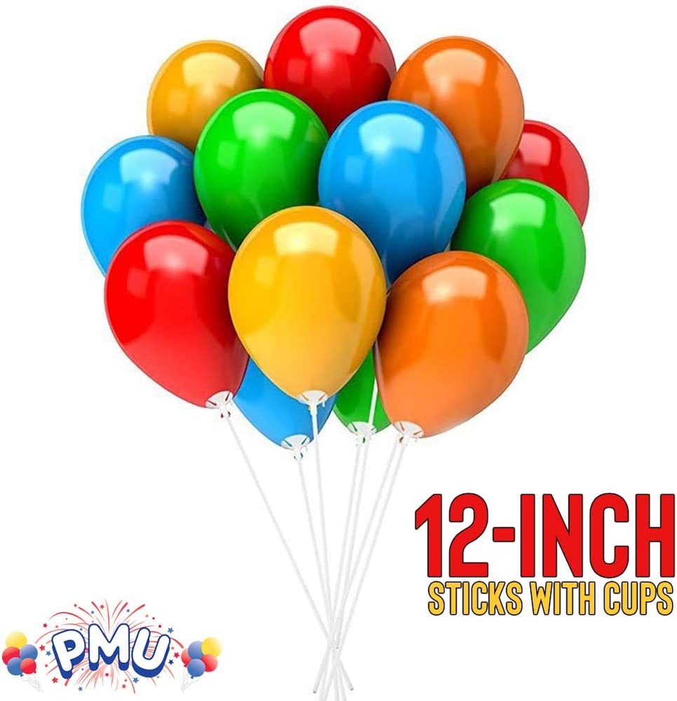 PMU Balloon Sticks 12 Inch White with Clear Cups Latex/Mylar Balloon Holder for Air-Filled Balloons