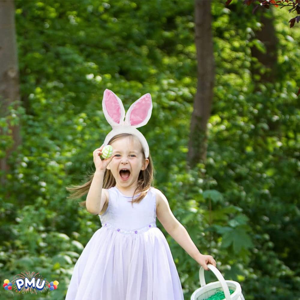 PMU Plush Soft-Touch Satin Bunny Ears Headband White and Pink Costume Accessory