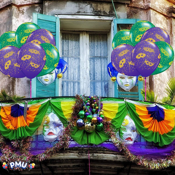 PMU Mardi Gras Balloons 11 Inch Assorted Green and Purple Latex with All-Over Print Gold Masks and Confetti