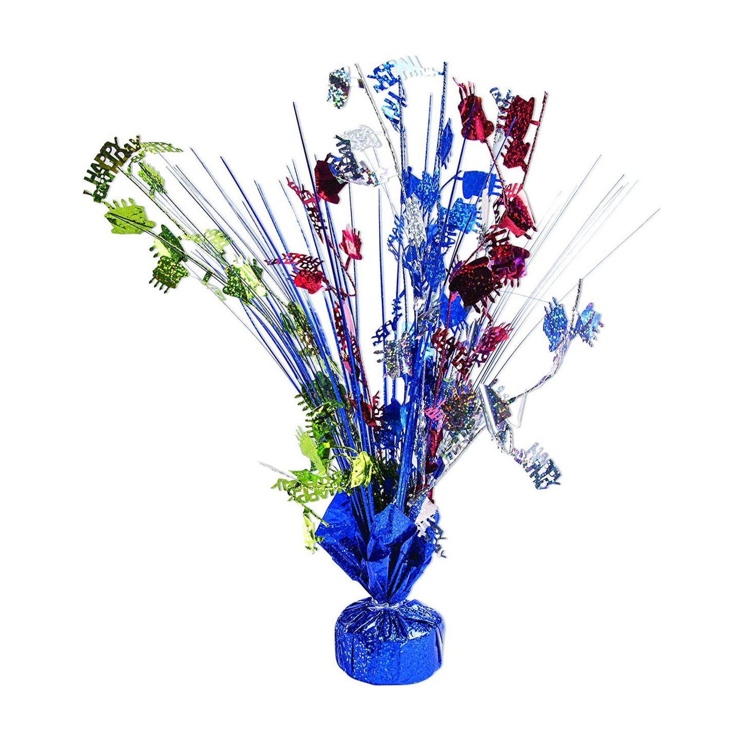 PMU Happy Birthday Balloon Weight Glitter Burst Centerpiece 15 Inch with Die-Cut Holographic Red, Royal Blue, Lime Green and Silver Birthday Cakes