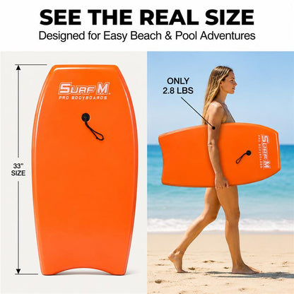 PMU 33 Inch Printed Bodyboard - Lightweight Wrist Leash Slick Bottom Boogie Board for Beach, Sea & Pool - Surfing Board for Kids, Teens & Adults Wave Conditions Pkg/1