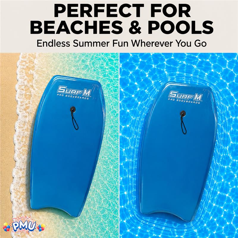 PMU 33 Inch Printed Bodyboard - Lightweight Wrist Leash Slick Bottom Boogie Board for Beach, Sea & Pool - Surfing Board for Kids, Teens & Adults Wave Conditions Pkg/1