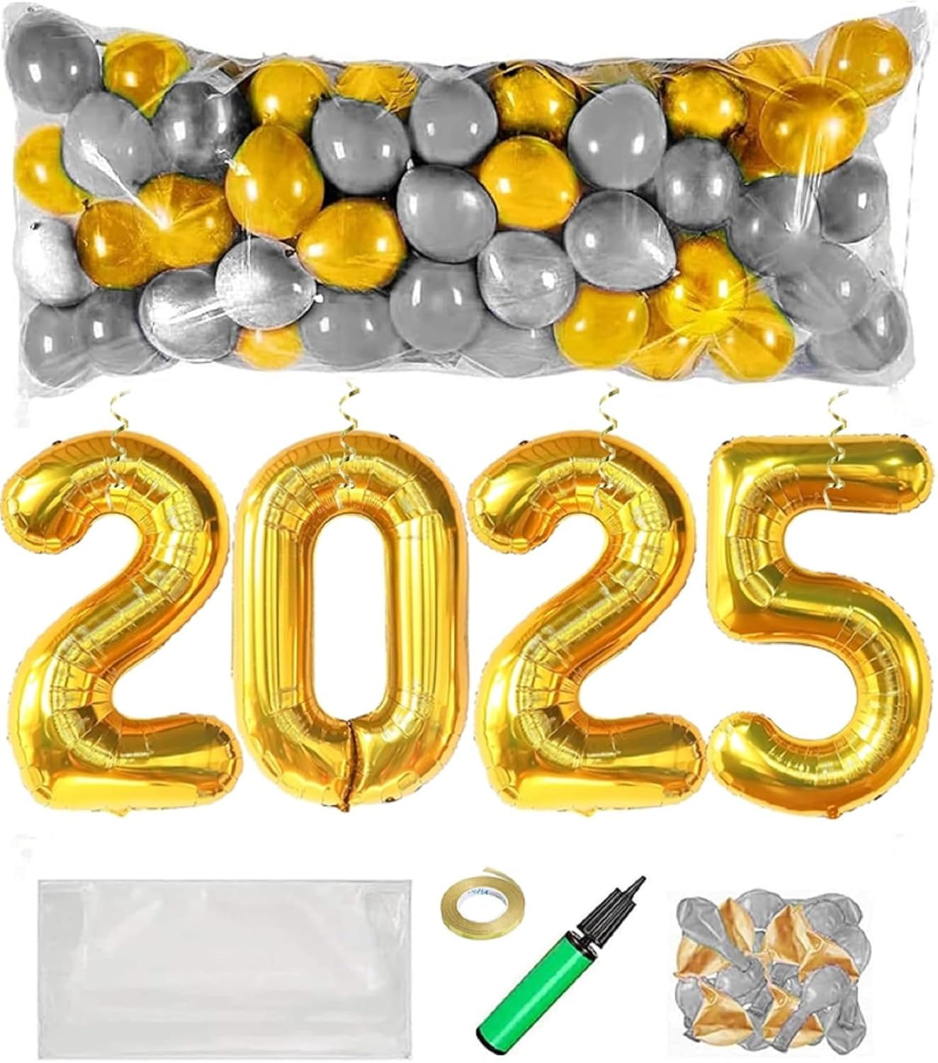 PMU New Year's Eve Party Balloon Drop Kit (100pcs Assorted 9in and 5in Balloons with Hand Pump) 4pcs "2025" 40in Gold Mylar Balloons 1 Set Assortment