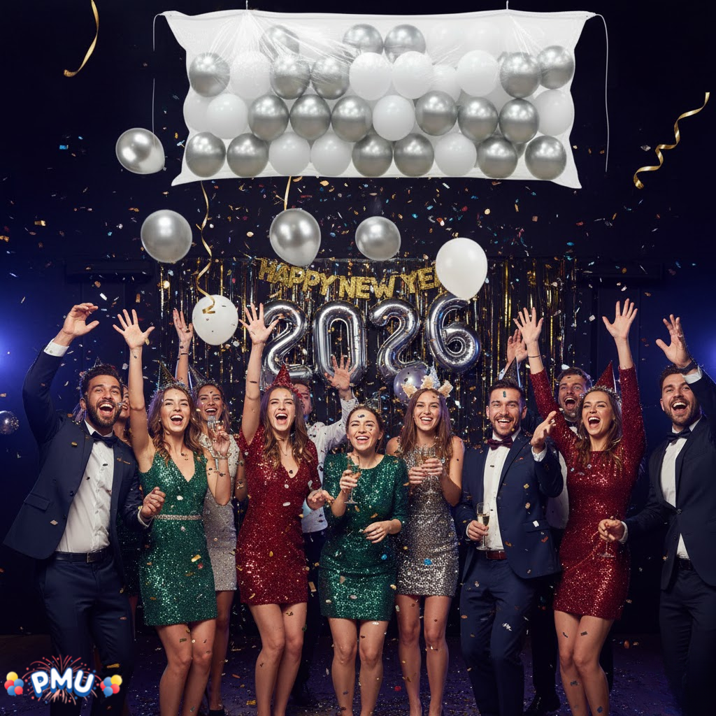 PMU New Year's Eve Party Balloon Drop Kit (100pcs Assorted 9in and 5in Balloons with Hand Pump) 4pcs "2026" 40in Gold Mylar Balloons 1 Set Assortment